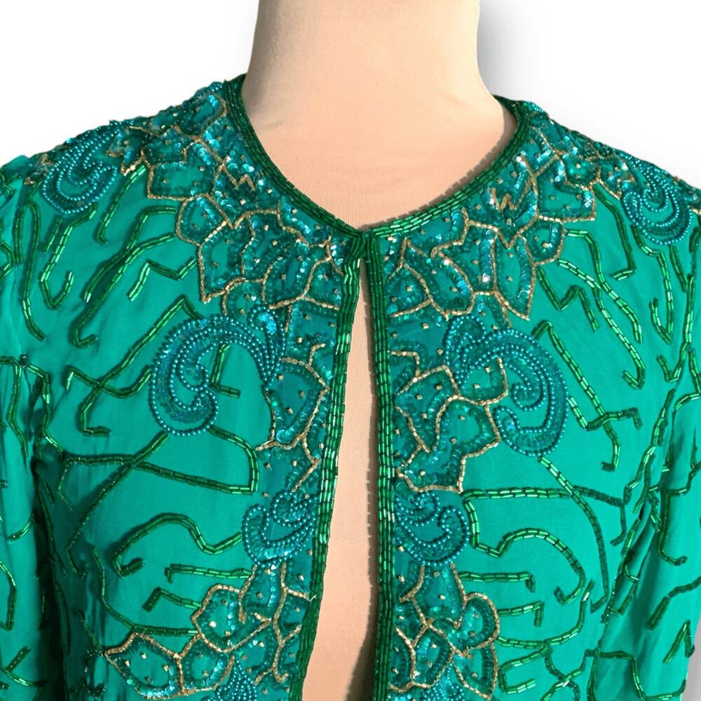 Vintage Razzle Dazzle Emerald Green Silk Beaded Open Front Evening Jacket - Picture 2 of 9